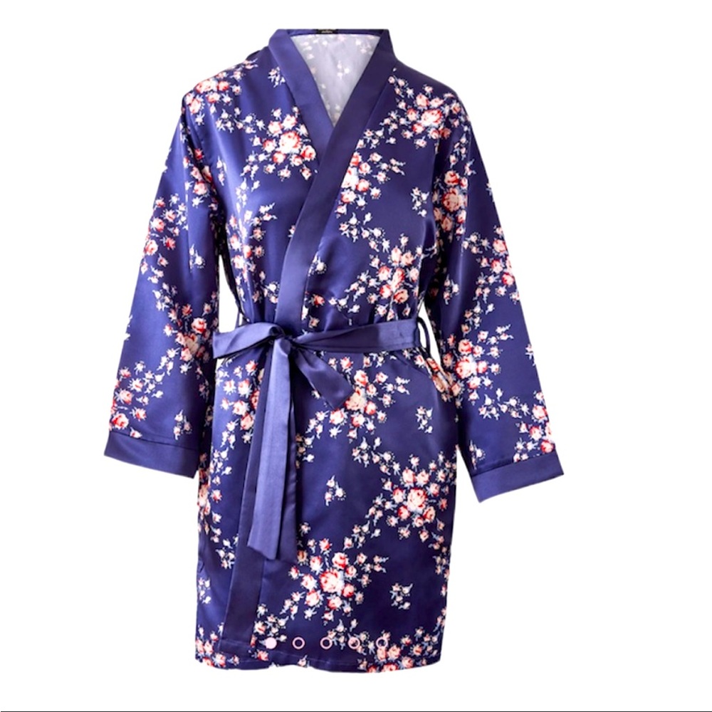 Morgan Lane Fab Fit Fun Allie Robe Blue Floral Print Satin L/XL NWT